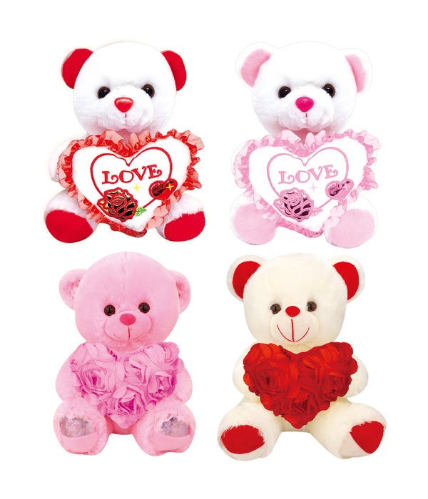 8" bear w/love heart 24/72s wht+red wht+pink