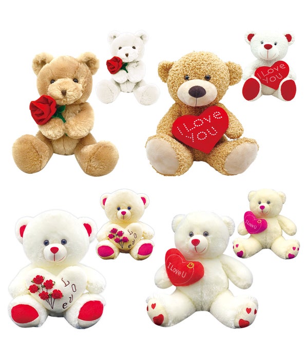 12" bear w/heart 4-dsgn 48s ivory and L.coffee