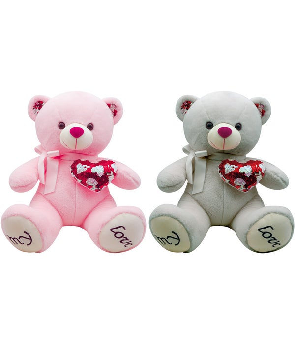 16" bear w/heart 2-color 12/24 pink/gray