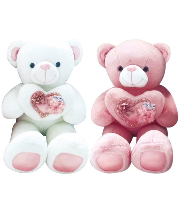 39.5" Bear w/ Sequin Heart 4/8 2-clr White/Pink