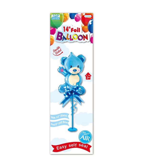 14" foil balloon blue 12/120s bear w/stand+gift bow