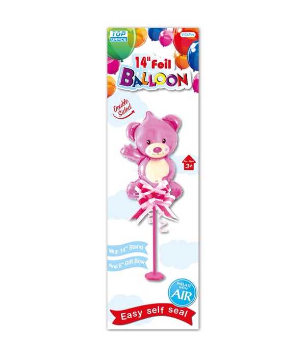 14" foil balloon 12/120s bear pink w/stand+gift bow