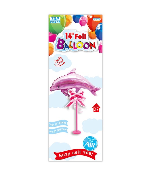 14" foil balloon 12/120s solphin pink w/stand+gift bow