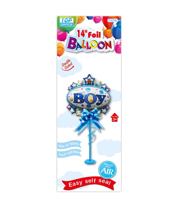 14" foil balloon 12/120s BOY w/stand+gift bow