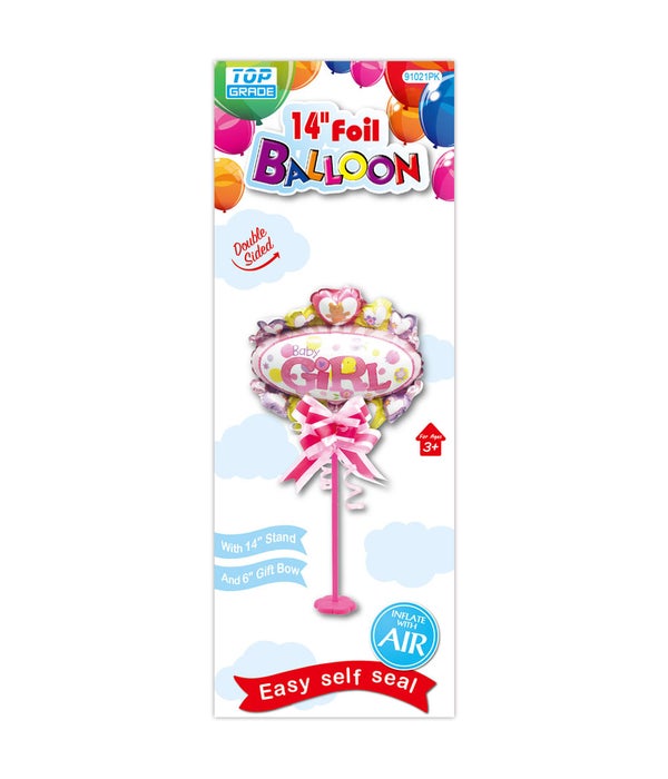 14" foil balloon 12/120s GIRL w/stand+gift bow