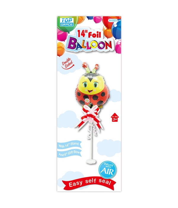 14" foil balloon 12/120s ladybird w/stand+gift bow
