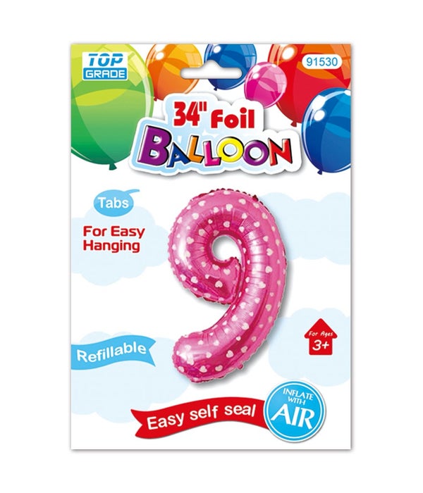 26"pink foil balloon #9 polka dots 12/600s