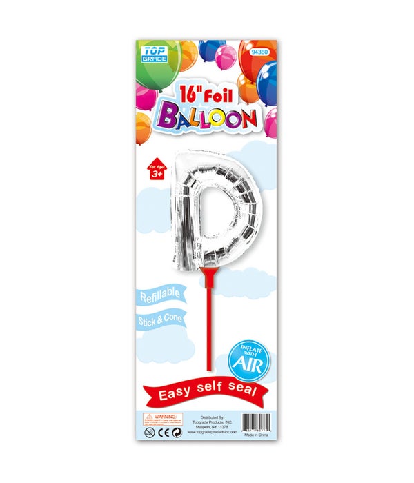 16" silver foil balloon D W/Stick 12/300's