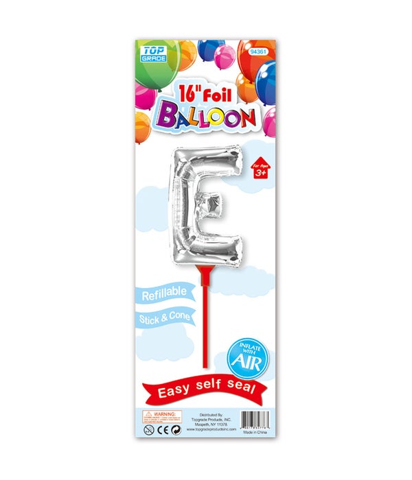 16" silver foil balloon E W/Stick 12/300's