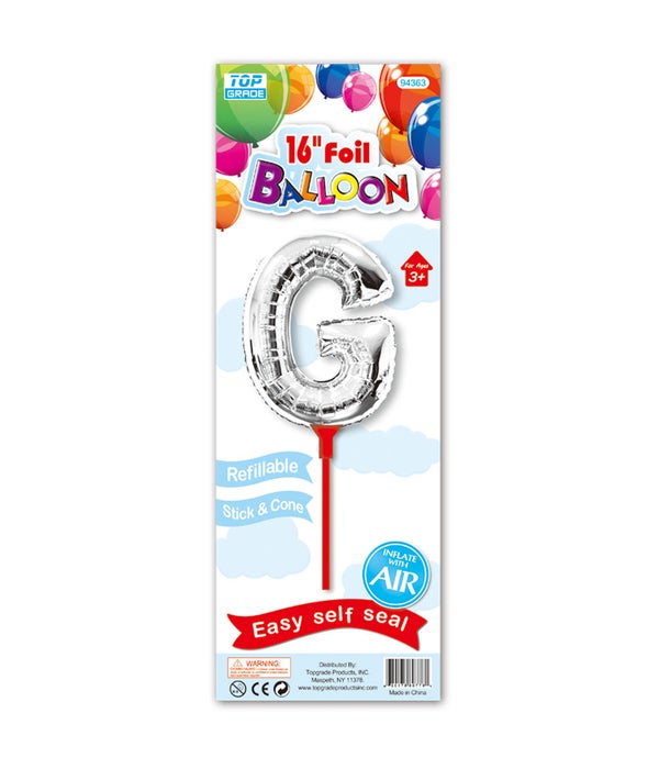 16" silver foil balloon G w/stick 12/300's