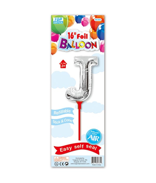 16" silver foil balloon J w/stick 12/300's