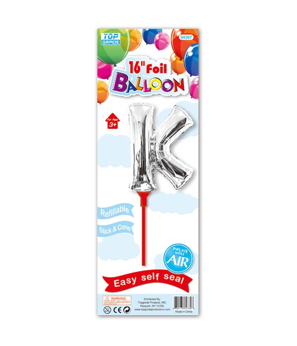 16" silver foil balloon K w/stick 12/300's