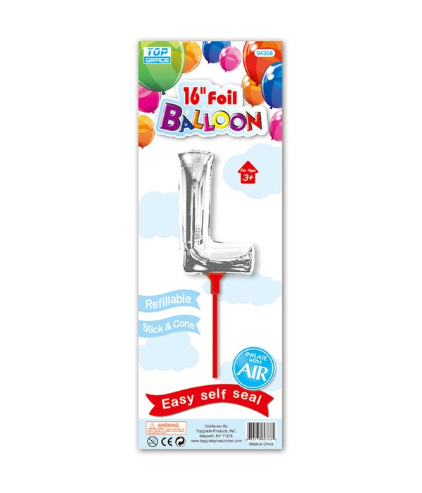 16" silver foil balloon L w/stick 12/300's