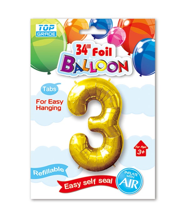 34" number balloon gold #3 12/300s