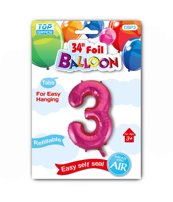 34" number balloon H.pink #3 12/300s