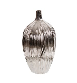 Metallic Silver Ribbed Ceramic Bottle Vase