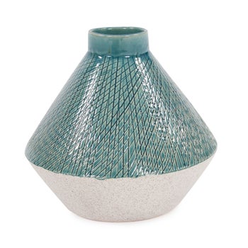 Cross Hatched Sea Blue Ceramic Angled Vase