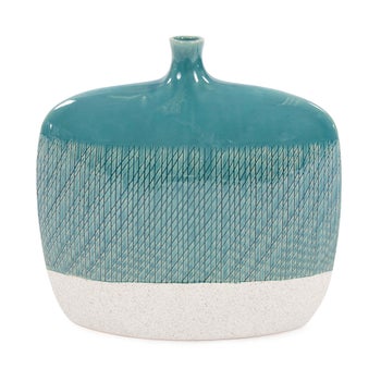 Cross Hatched Sea Blue Ceramic Flat Vase