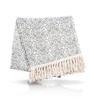 Table Runner with Fringe - Damask, Cool Gray