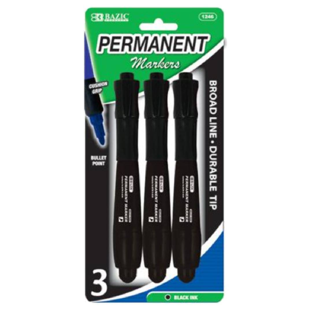 BAZIC Black Chisel Tip Jumbo Permanent Markers w/ Grip (3/Pack