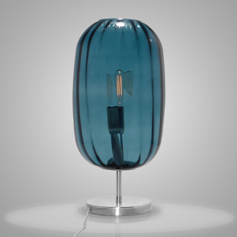 Charlotte Oval Table Lamp - Nickel, Marine Blue Lineo Glass