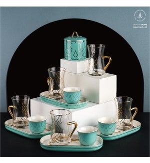 19pc Tea Set 6 Tea Glass 6 Saucer 6 Gawa Cup and Sugar Jar Teal Color