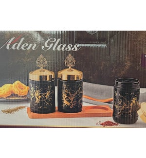 Glass Canister 3pc Set w/Wooden Base Black Marble Design