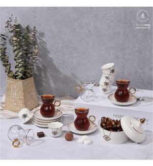 19pc Tea Set 6 Tea Glass 6 Saucer 6 Gawa Cup and Sugar Jar White Evil Eye
