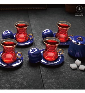 19pc Tea Set 6 Tea Glass 6 Saucer 6 Gawa Cup and Sugar Jar Blue