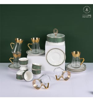 19pc Tea Set 6 Tea Glass 6 Saucer 6 Gawa Cup and Sugar Jar Green