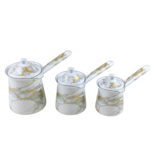 3pc Enamel Coffee Warmer Set White Marble/yellow 300/400/600ml (10/13.5/20oz) with Lids