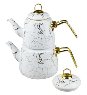 Enamel Tea Kettle 2pc Set 2.1L/1.5L White Marble with Real Gold
