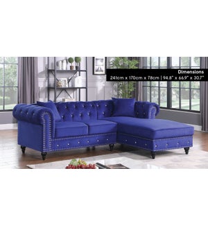 Sabrina Blue Velvet Sectn'l sofa w/crystal button &wood Legs