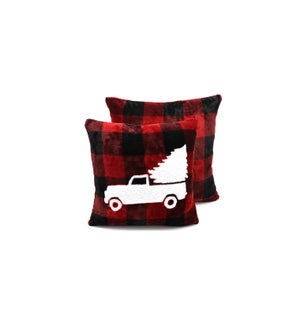 Sherpa Truck Applique plaid velour cushion red/blk 18x18 8B