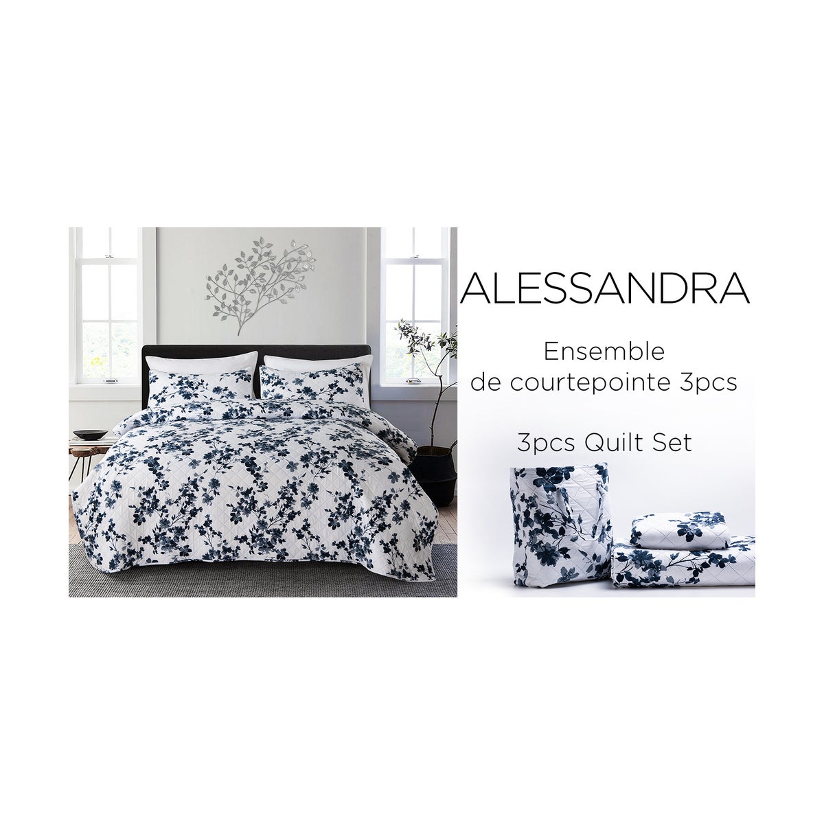 ALESSANDRA 3 pc in self tote-BLUE FLORAL-KING-QUILT SET 2/B