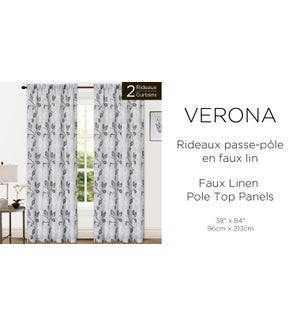 VERONA 2 pk faux linen floral pole top panels 38X84 wh/gr 6B