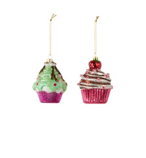 Ornament cupcake green red 2 assorted - 2.75x4"