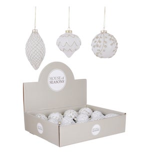 Bauble glass white 3 assorted display - 3.25"