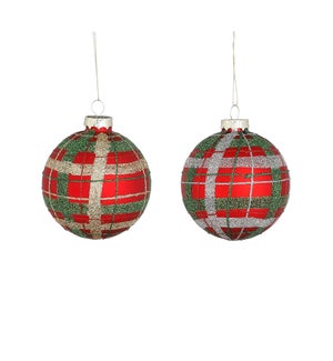 Bauble glass check red 2 assorted display - 3.25"