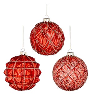 Bauble glass red 3 assorted - 4"