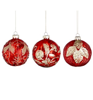 Bauble glass red 3 assorted display - 3.25"