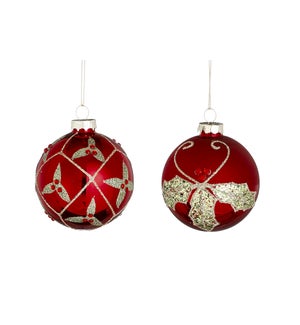 Bauble glass red 2 assorted display - 3.25"