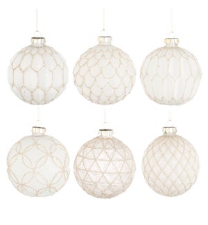 Bauble glass white 6 assorted display - 3.25x3.25"