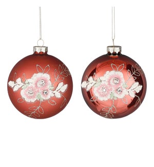 Bauble flower glass d. red 2 assorted - 4"