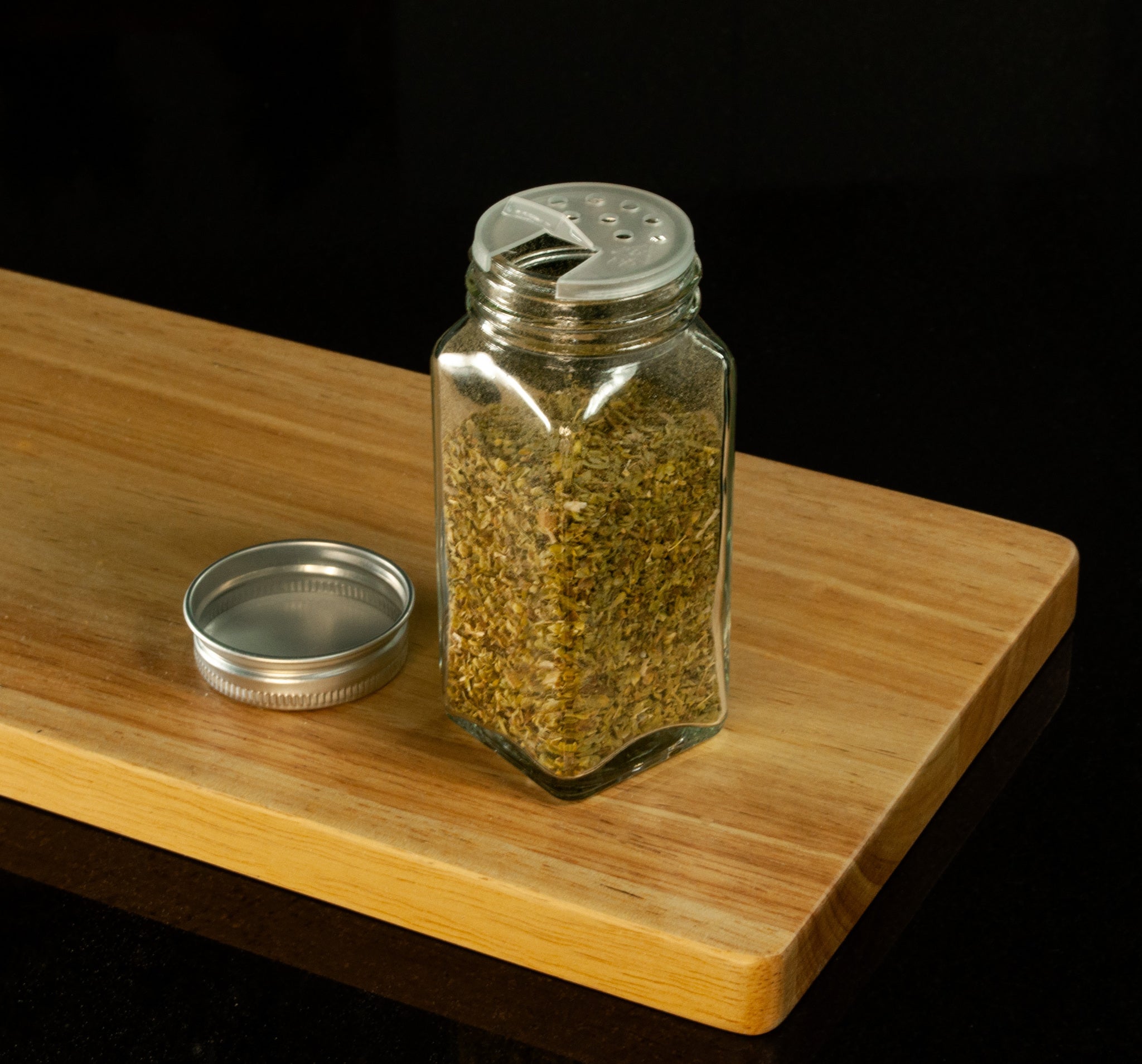 Square glass spice jars with metal shop lids