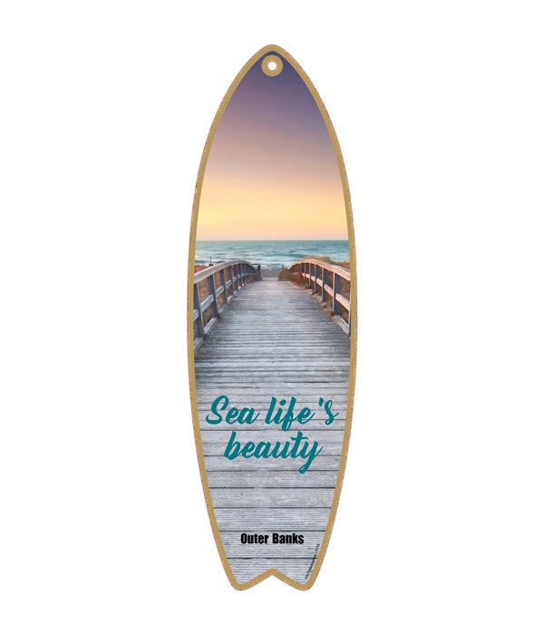 boardwalk with wooden rails on the beach - "Sea life's beauty" Surfboard