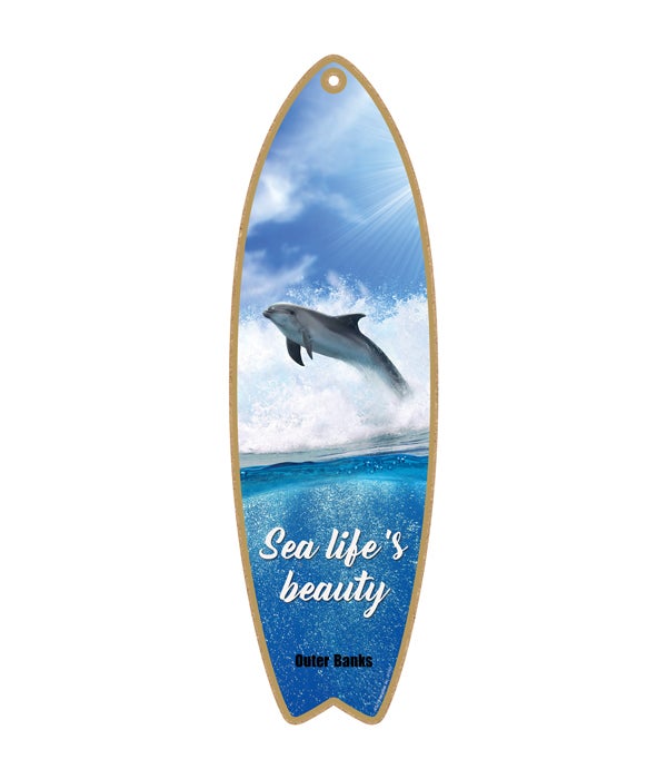 dolphin jumping to the left with wave - "Sea life's beauty" Surfboard