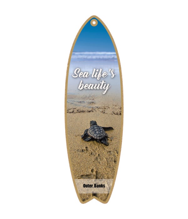 sea turtle (baby) on beach - "Sea life's beauty" Surfboard