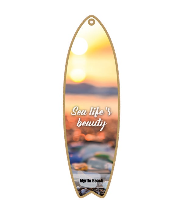 sunset at beach with sea glass and rocks - "Sea life's beauty" Surfboard