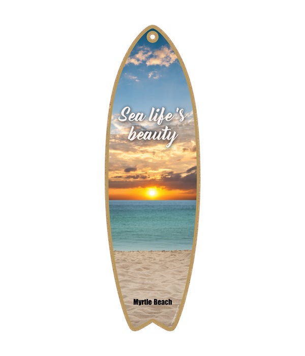 sunset over teal-colored ocean & beach - "Sea life's beauty" Surfboard